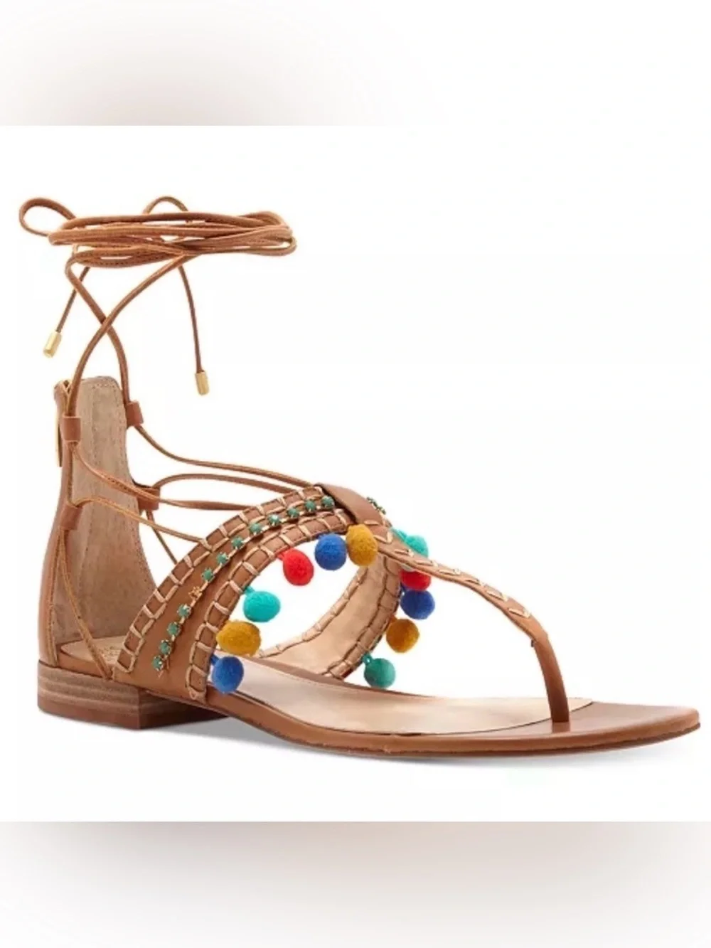 Vince Camuto Balisa Pom Pom Lace-Up Sandals Zip Gladiator Sz 9 Flats shoes